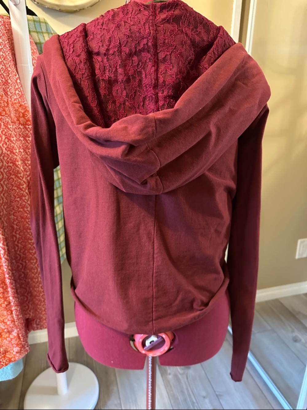 Deep Wine Hooded Wrap Top with Front Tie - Picture 3 of 8